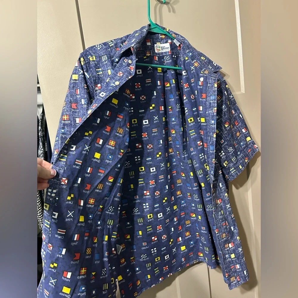 reyn spooner Navy Short Sleeve Button-Down with Multicolor Nautical Flag
